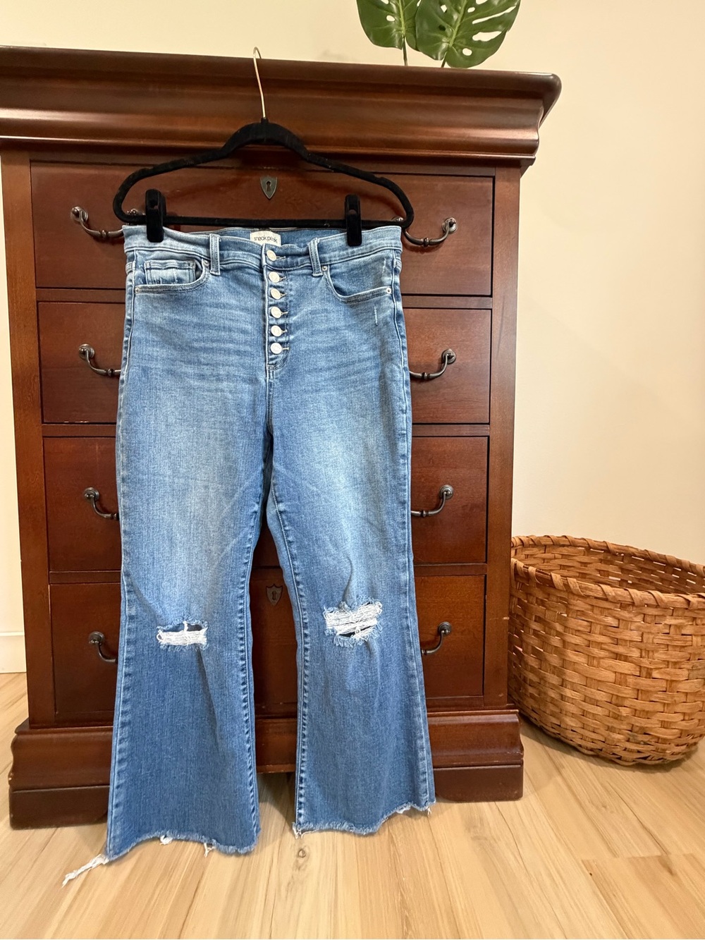 Sneak Peek Light Blue Distressed Flare Jeans with Button-Fly